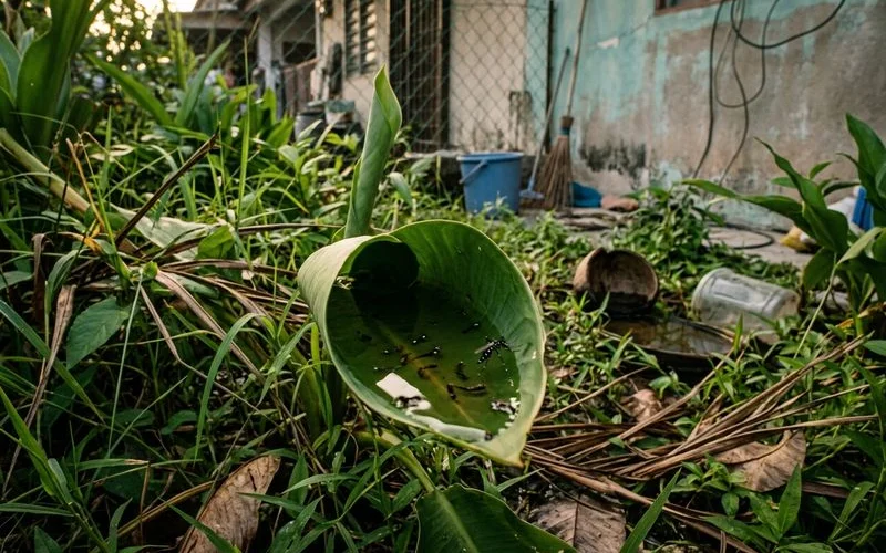 Pooled water in overgrown grass leaf litter — mosquito breeding habitat