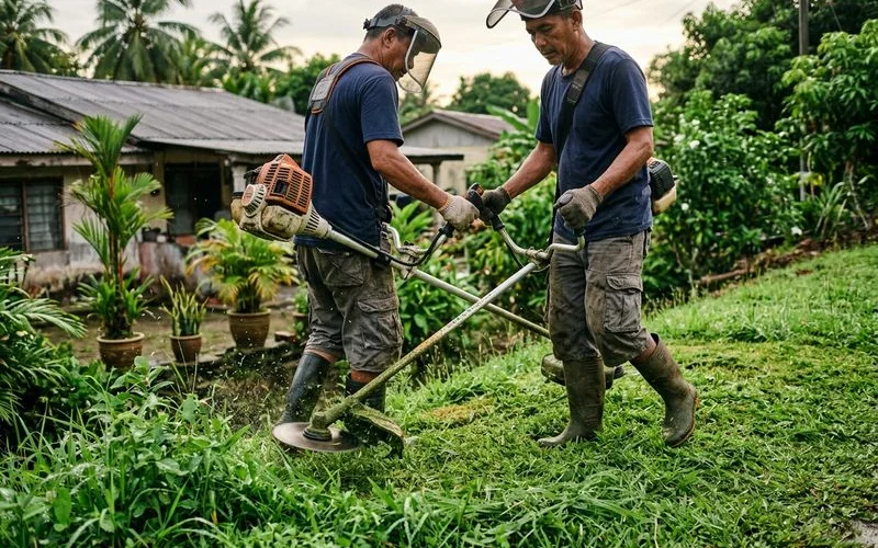Brush cutter trimming damp grass after rain, water droplets on blades