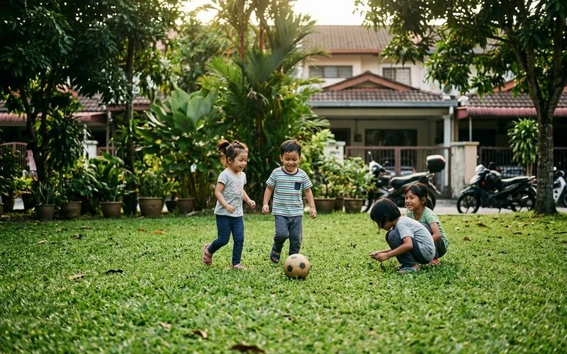 Children playing safely on the lawn after full re-entry period
