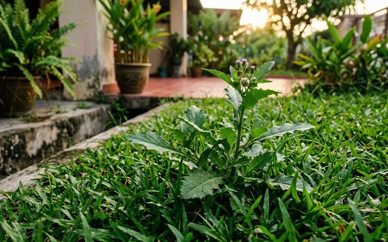 Close-up of broadleaf weed among carpet grass before treatment