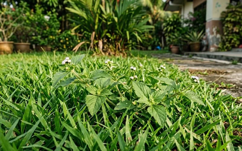Close-up of broadleaf weed among carpet grass before treatment