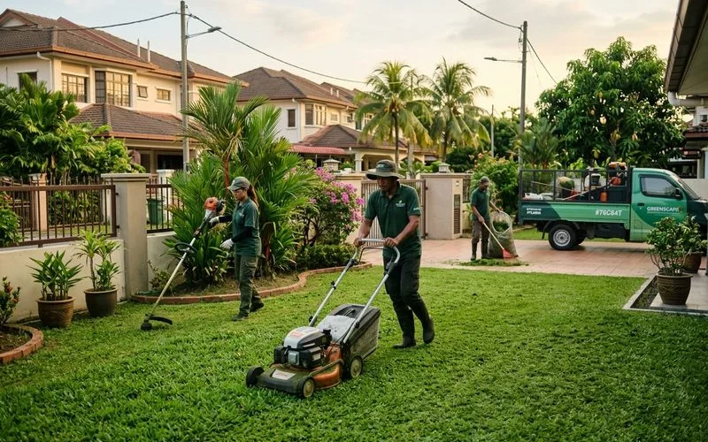 Crew servicing a mid-size suburban lawn