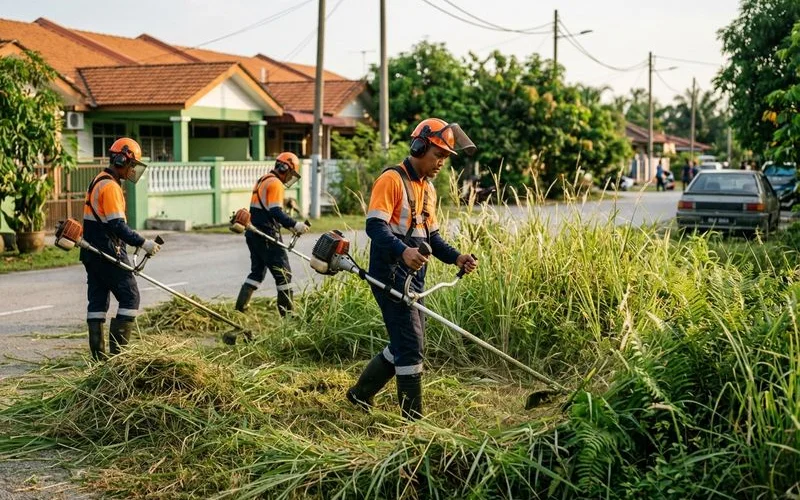 Crew working heavy-duty brush cutters through thick lalang