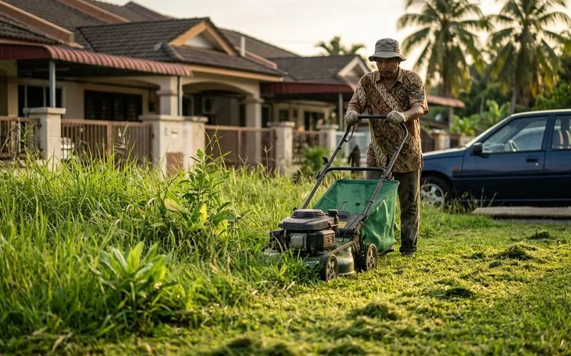 Overgrown lawn requiring a heavy one-off rescue cut