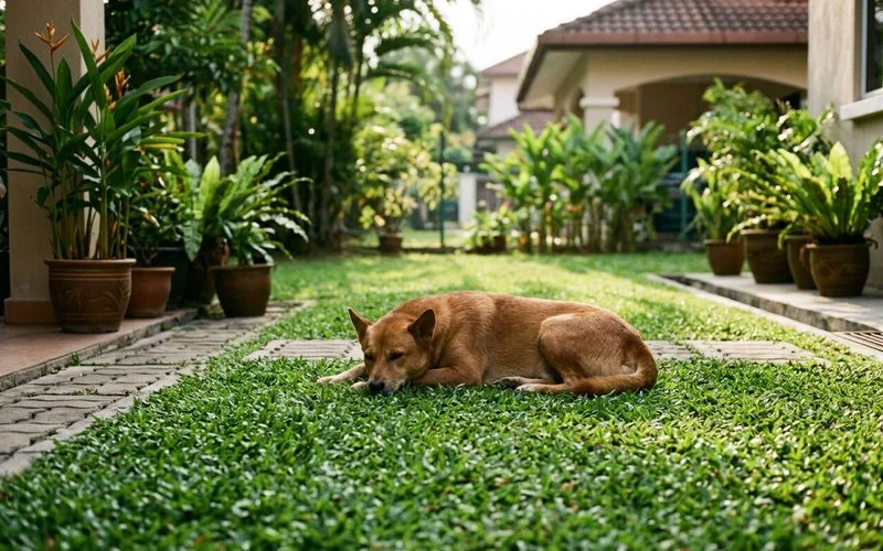 Pet dog resting on the treated lawn after the safe re-entry period