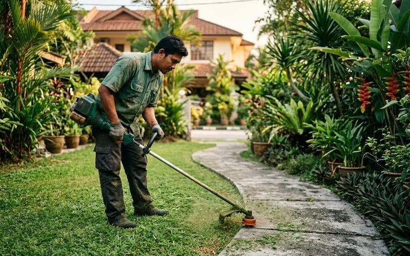 String trimmer creating a sharp edge along a garden path