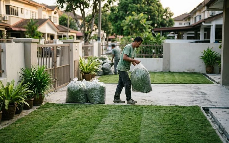 Tidy freshly cut compound with cuttings bagged for disposal
