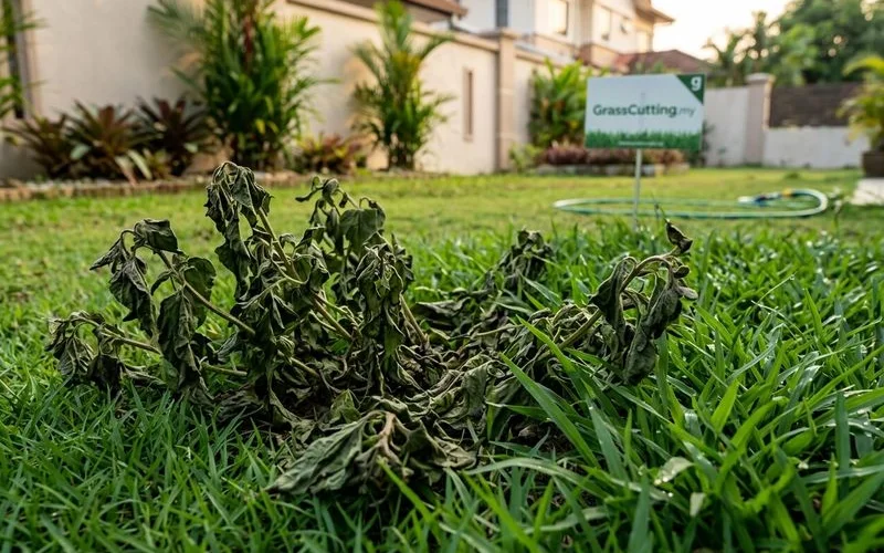 Weed wilting two weeks after selective spray; lawn grass intact