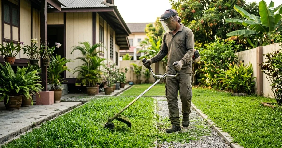 Brush cutter held at correct height over healthy tropical grass