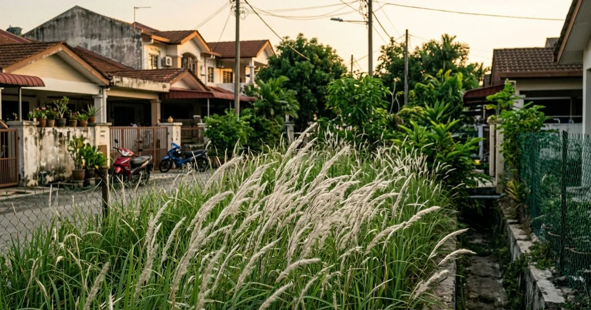 Dense stand of tall lalang with feathery seed heads in a Selangor vacant area