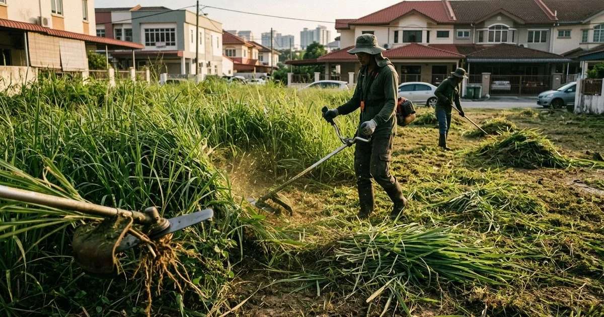 Large empty lot of tall lalang being cleared with heavy-duty brush cutters