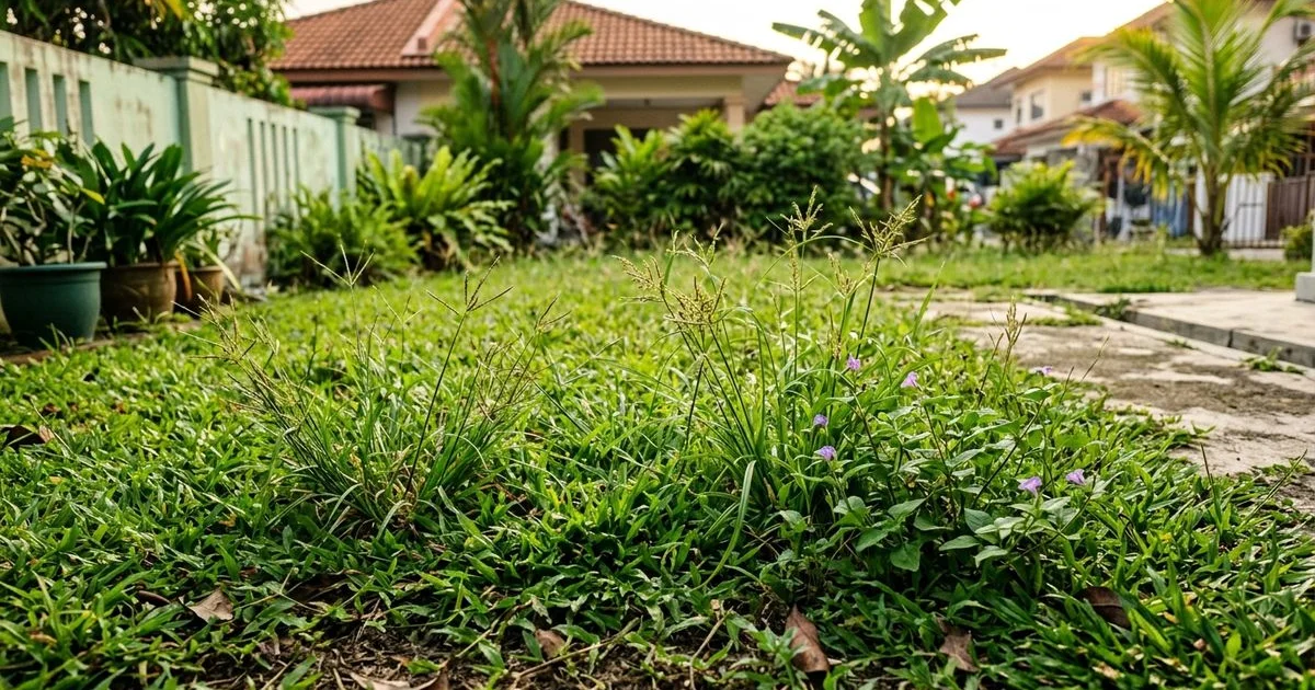 Lawn with several visible weed types among carpet grass