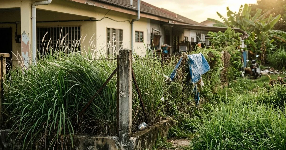 Overgrown tall lalang along a residential boundary fence in Selangor