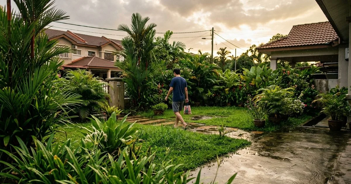 Rain-soaked tropical lawn under monsoon clouds in a Klang Valley suburb