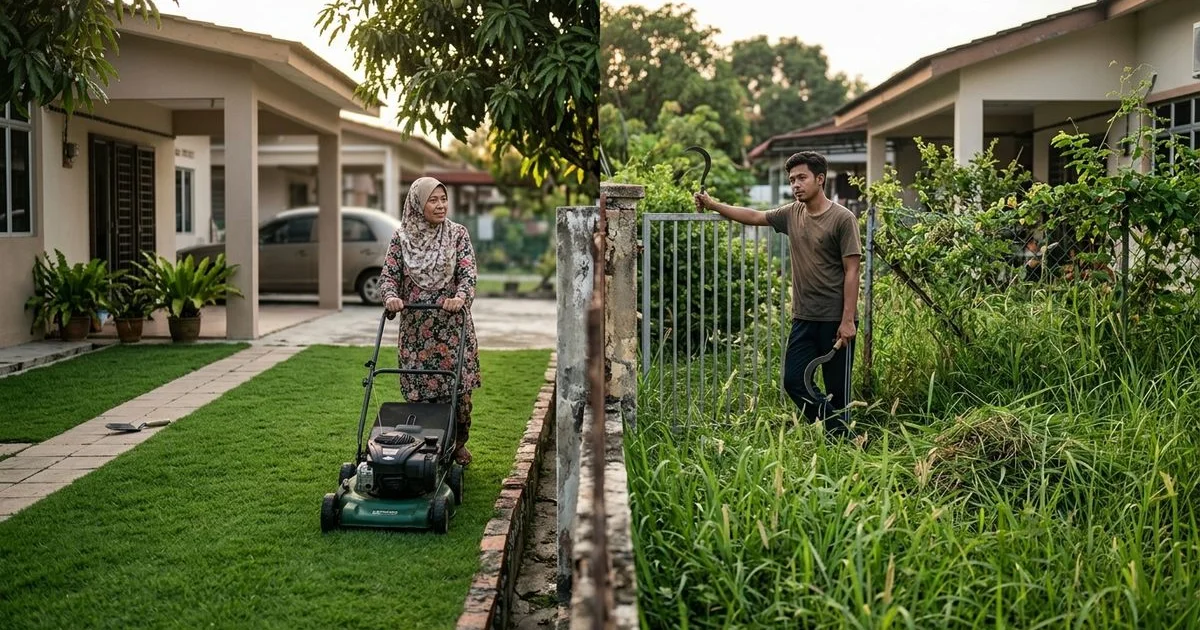 Split image: consistently neat lawn vs overgrown lawn between rare cuts