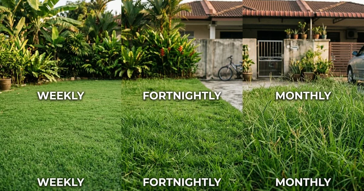 Split image of a lawn at three lengths for weekly, fortnightly, monthly