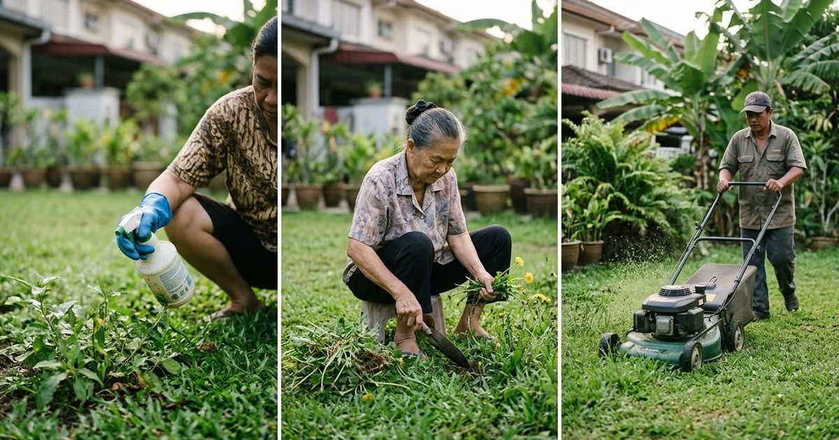 Three-part image: spraying, hand-weeding, and mowing a lawn