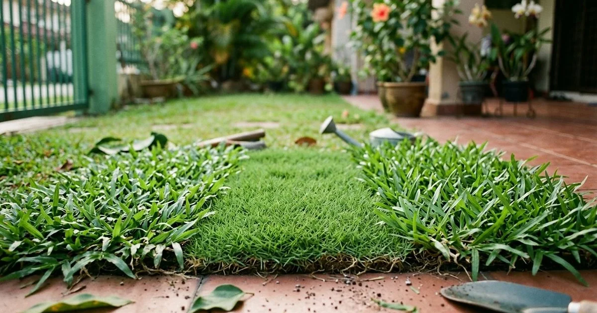Three patches of different tropical lawn grass textures side by side