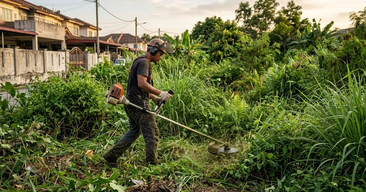 Worker using a heavy-duty brush cutter on thick overgrowth in a large lot